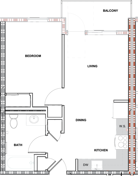 Floor plan for 1 bed, 1 bath, 604 sqft
